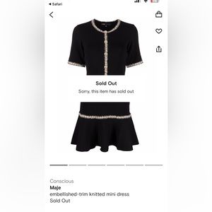 NWT Maje Embellished Trim Knit Mini Dress Size 38 (US M)